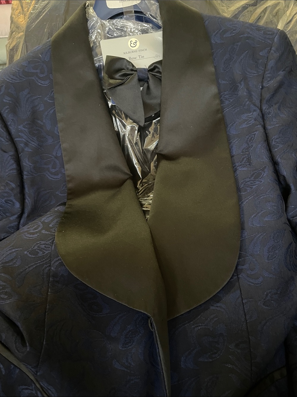 Kiltie & Finch Navy Brocade Tuxedo Jacket with Black Satin Shawl Collar